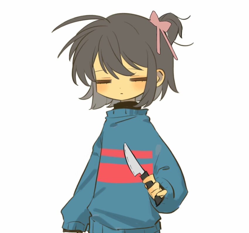 1other ahoge arm_at_side bandaid bandaid_on_face bandaid_on_nose blue_sweater bow brown_hair chinese_commentary closed_eyes closed_mouth commentary_request dot_nose frisk_(undertale) hair_bow highres holding holding_knife knife long_sleeves nuobeiyhengaoxingrenshini one_side_up other_focus pink_bow pink_sweater puffy_long_sleeves puffy_sleeves short_hair simple_background solo striped_clothes striped_sweater sweater two-tone_sweater undertale upper_body white_background