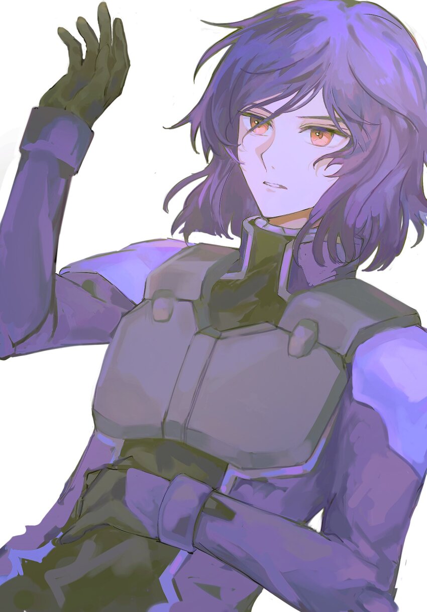 1boy gundam gundam_00 hand_on_own_stomach hand_up highres jumpsuit looking_ahead male_focus mecha_pilot_suit medium_hair normal_suit parted_lips pilot_suit purple_hair purple_jumpsuit red_eyes sas99009 simple_background solo tieria_erde white_background