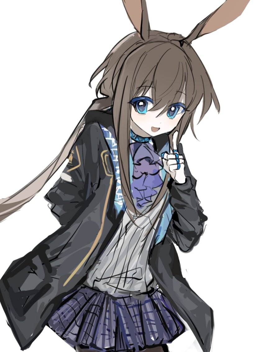 1girl amiya_(arknights) animal_ears arknights ascot black_jacket blue_ascot blue_eyes brown_hair frilled_ascot frills hair_between_eyes highres hood hood_down hooded_jacket infection_monitor_(arknights) jacket jewelry long_hair looking_at_viewer multiple_rings neck_ring open_clothes open_jacket pleated_skirt ponytail qielmy rabbit_ears rabbit_girl ring shirt simple_background skirt smile solo white_background