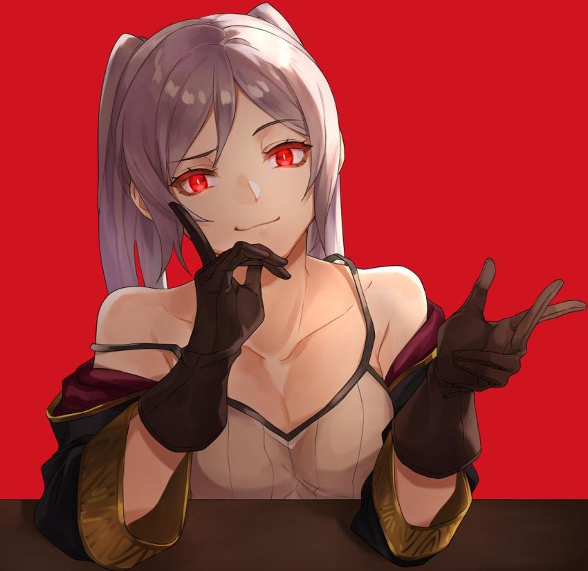 1girl bare_shoulders breasts cape corruption dark_persona fire_emblem fire_emblem_awakening fire_emblem_heroes gloves grima_(fire_emblem) highres hood intelligent_systems kamu_(kamuuei) long_hair looking_at_viewer medium_breasts nintendo possessed possession red_eyes robe robin_(female)_(fire_emblem) robin_(fire_emblem) silver_hair simple_background smile solo twintails upper_body