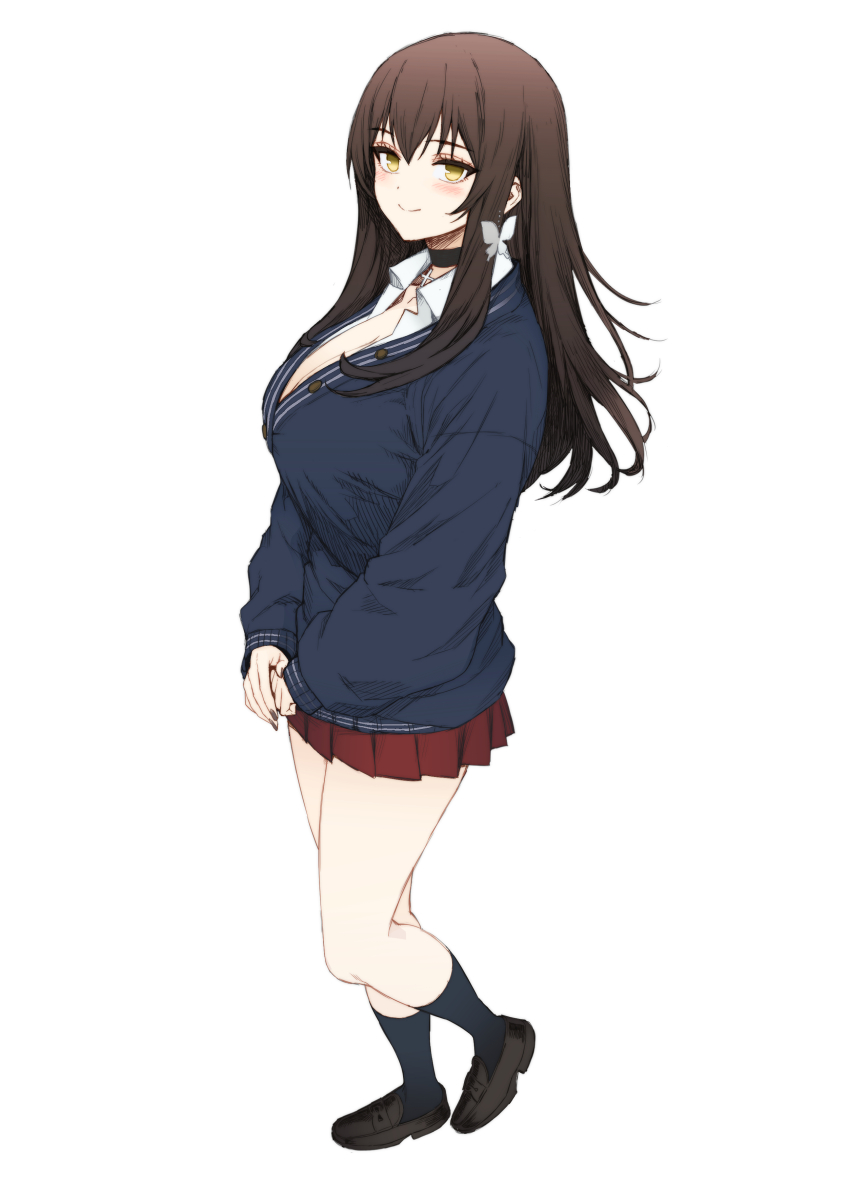 1girl absurdres black_choker black_footwear black_hair black_nails blue_cardigan blush breasts brown_hair butterfly_hair_ornament cardigan choker cleavage collared_shirt eyelashes full_body gradient_hair hair_ornament highres jk_bitch_sannin_musume! kneehighs large_breasts loafers long_hair long_sleeves looking_at_viewer miniskirt multicolored_hair nail_polish nishizawa_shizuku pleated_skirt red_skirt shirt shoes simple_background skirt smile socks solo standing white_background white_shirt whoosaku yellow_eyes