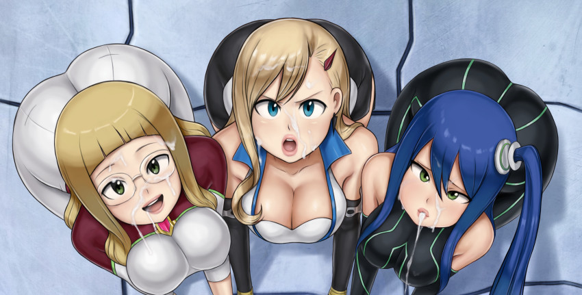 3girls breasts clarisse_layer cleavage cum cum_on_body eden&#039;s_zero enenra eye_contact facial highres huge_breasts labilia_christy large_breasts looking_at_another multiple_girls pov rebecca_bluegarden