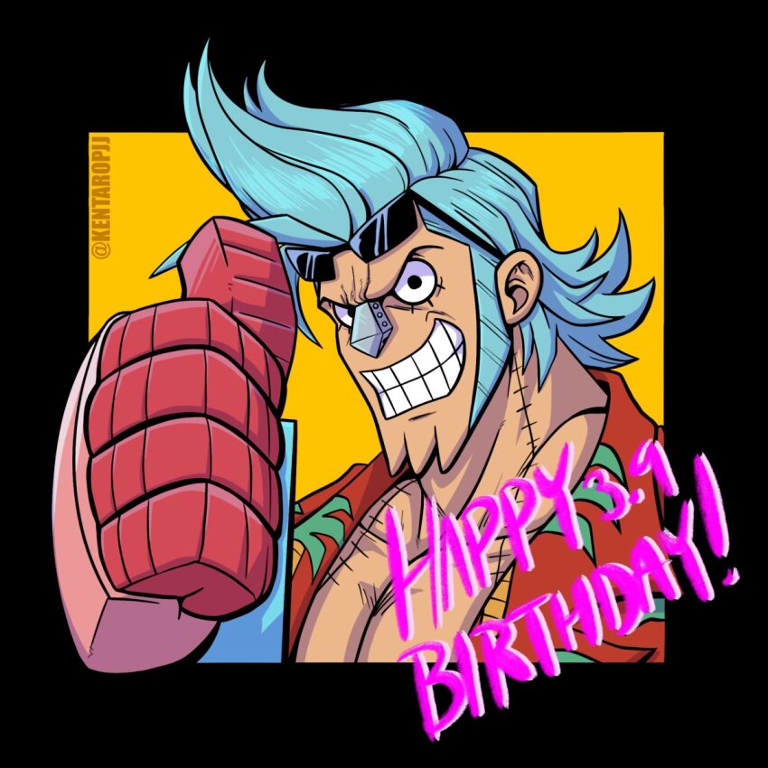 ! 1boy artist_name black_eyes blue_hair clenched_teeth commentary english_commentary eyewear_on_head facial_hair franky_(one_piece) happy_birthday highres james_valle long_sideburns looking_at_viewer male_focus one_piece short_hair sideburns smile solo spiked_hair sunglasses teeth twitter_username