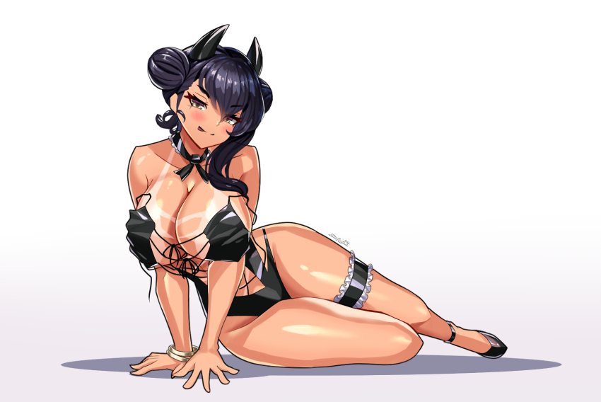 1girl agent_(girls&#039;_frontline) arm_support asymmetrical_hair bare_shoulders black_footwear black_hair blush bracelet breasts bridal_garter choker cleavage double_bun full_body garter_straps girls&#039;_frontline hair_bun high_heels highres horns huge_breasts jewelry licking_lips looking_at_viewer sangvis_ferri shadow short_hair simple_background smile solo swimsuit tan tanline thigh_strap thighs tongue tongue_out untied_swimsuit white_background yellow_eyes zer0z_vi