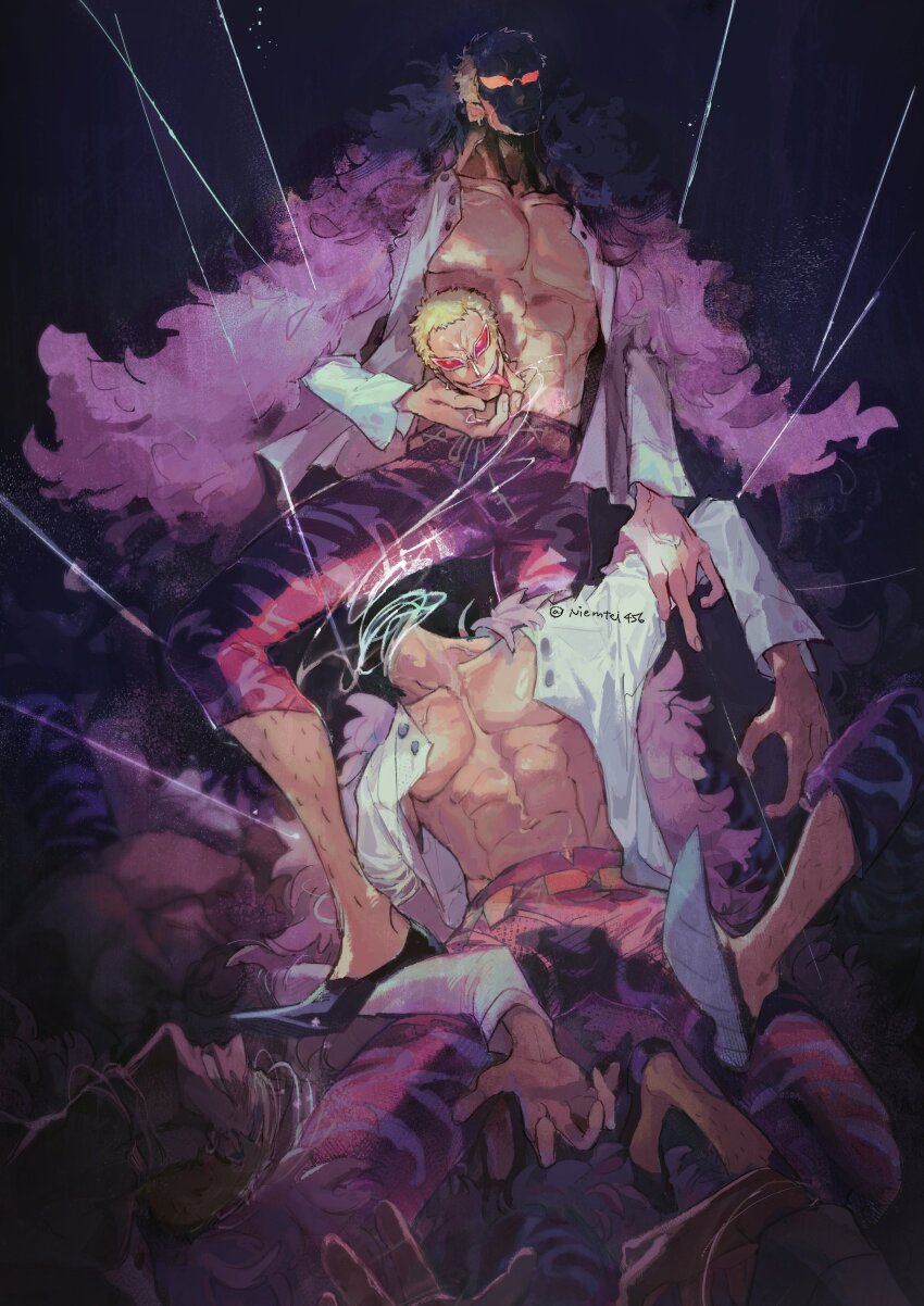 1boy abs absurdres blonde_hair capri_pants coat dark_background devil_fruit_power donquixote_doflamingo earrings grin highres holding_detached_head jewelry leg_hair looking_at_viewer male_focus muscular muscular_male niemtel456_rino one_piece open_clothes open_shirt pants pink_coat pink_pants severed_head shaded_face shirt short_hair smile sunglasses thread twitter_username white_shirt