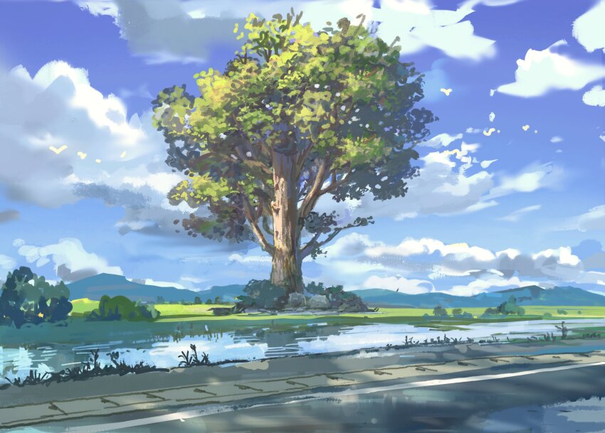 blue_sky bush cloud cloudy_sky day highres mountain mountainous_horizon no_humans original painting_(medium) plant road sanegesan shadow sidewalk sky sunlight traditional_media tree