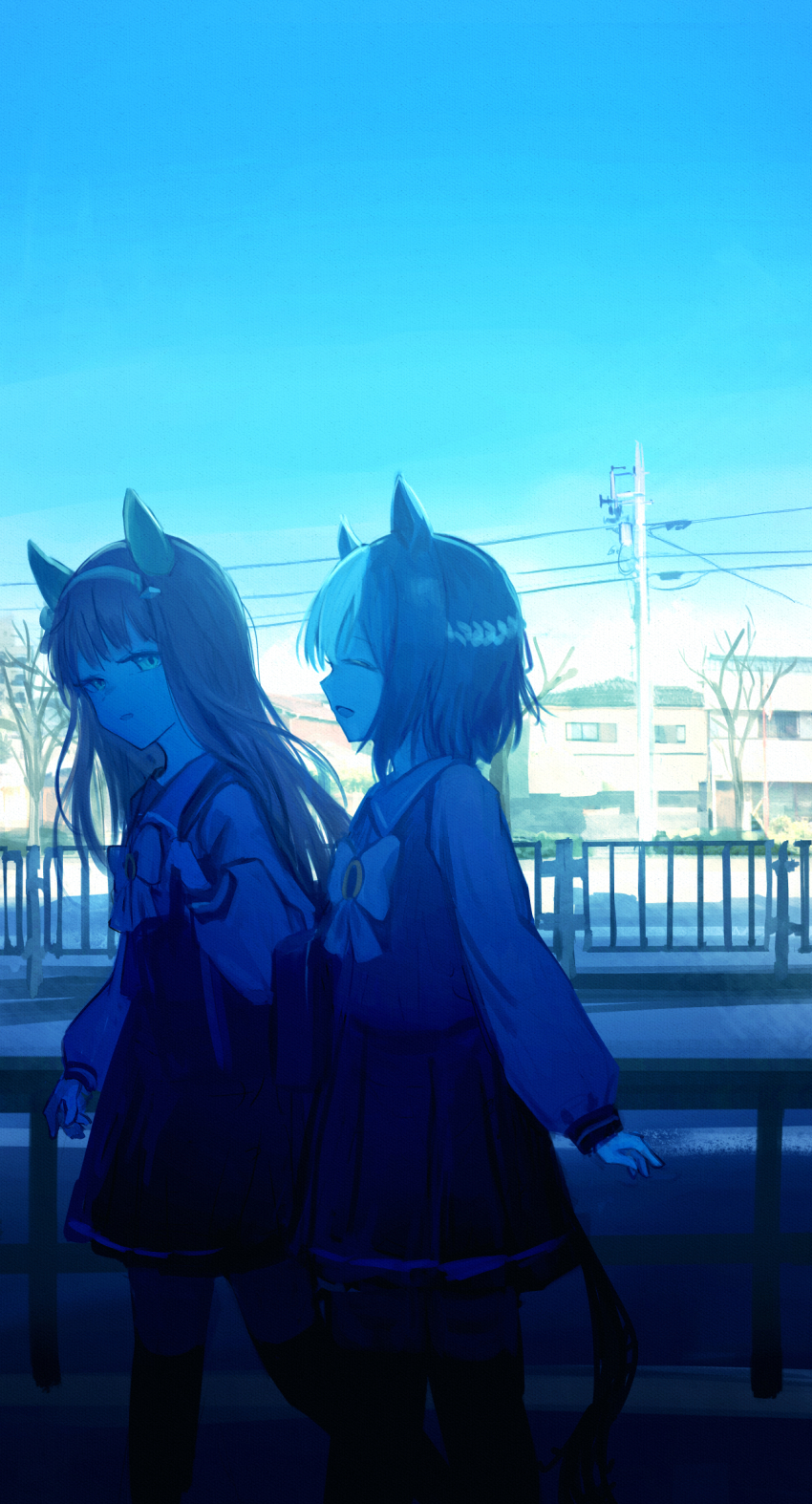 2girls animal_ears bag bow bowtie braid brown_hair clear_sky closed_eyes closed_mouth ear_covers from_side grass_wonder_(umamusume) guard_rail hairband highres hime_cut horse_ears horse_girl horse_tail house long_hair long_sleeves looking_at_another multicolored_hair multiple_girls outdoors pleated_skirt power_lines puffy_sleeves purple_shirt railing road sailor_collar sailor_shirt school_bag school_uniform seikatsu serafuku shirt silence_suzuka_(umamusume) skirt sky smile special_week_(umamusume) street tail thighhighs tracen_school_uniform tree umamusume utility_pole walking winter_uniform