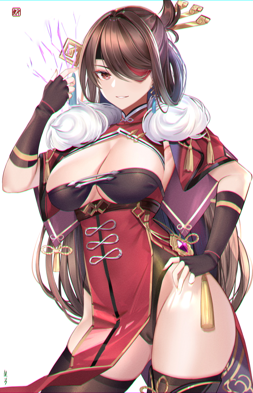 1girl beidou_(genshin_impact) black_thighhighs breasts brown_eyes brown_hair cameltoe capelet china_dress chinese_clothes cleavage commentary dress earrings eyepatch fingerless_gloves fingernails fur_trim genshin_impact gloves hair_ornament hair_stick hand_on_own_hip highleg highres jewelry large_breasts looking_at_viewer muka_tsuku parted_lips pelvic_curtain simple_background smile solo thighhighs white_background