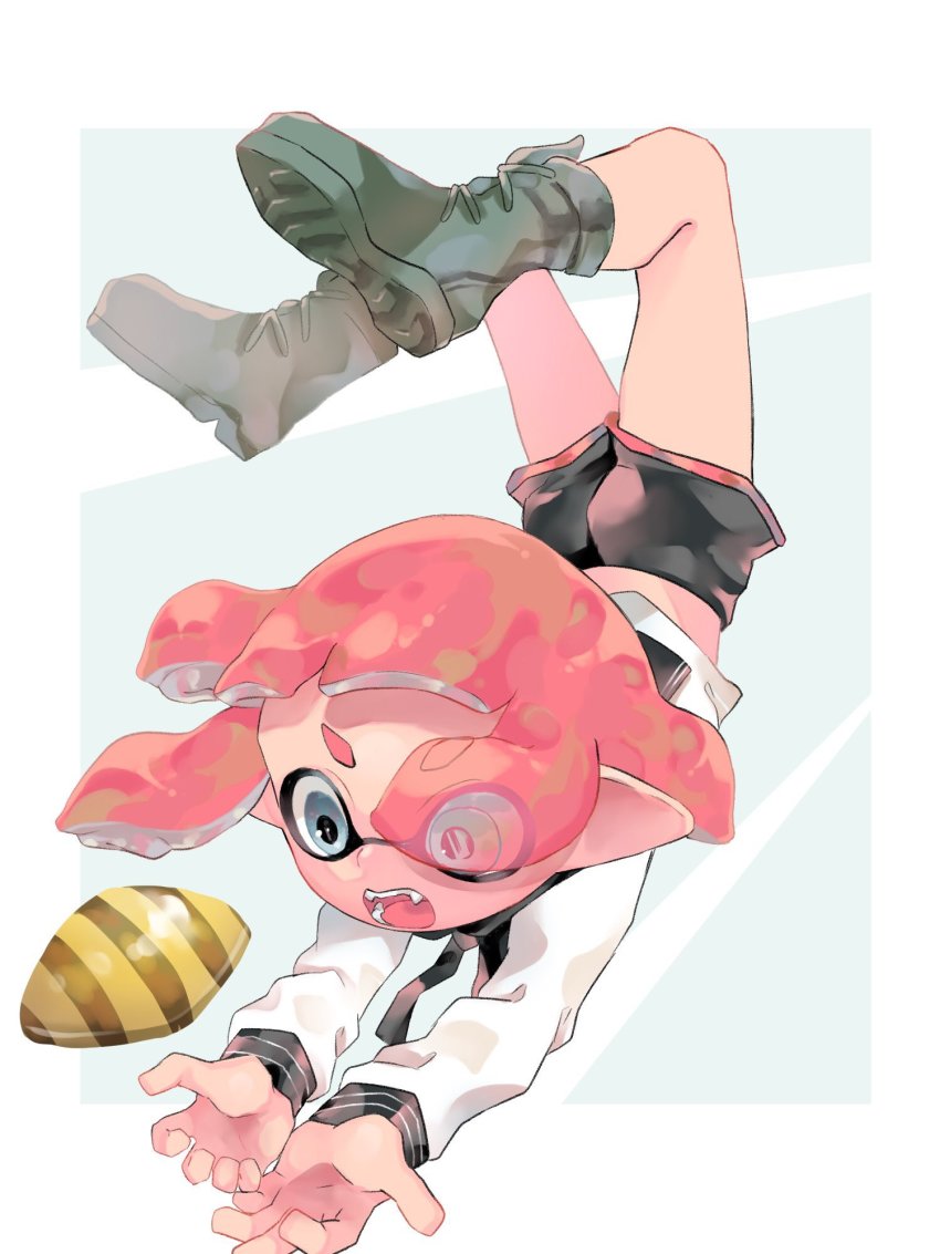 1girl bad_id bad_twitter_id black_shorts border catching falling fangs from_above full_body grey_background grey_eyes grey_footwear highres inkling inkling_girl inkling_player_character legs_up long_sleeves lying nintendo open_mouth pink_hair plum0o0 pointy_ears sailor_collar school_uniform seashell shell shirt shoes short_hair short_shorts shorts simple_background splatoon_(series) v-shaped_eyebrows white_background white_border white_shirt