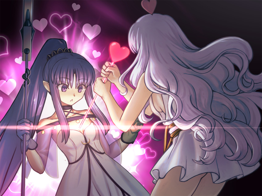 arrow_(projectile) bare_shoulders blush breasts caren_hortensia caren_hortensia_(amor_caren) caren_hortensia_(amor_caren)_(first_ascension) dress fate/grand_order fate_(series) gloves hair_ornament heart holding holding_arrow holding_staff jewelry long_hair medea_(lily)_(fate) medium_breasts multiple_girls open_mouth pointy_ears ponytail purple_dress purple_eyes purple_gloves purple_hair see-through_clothes shoori_(migiha) short_dress sideboob small_breasts stab staff thighs very_long_hair wavy_hair white_dress white_hair