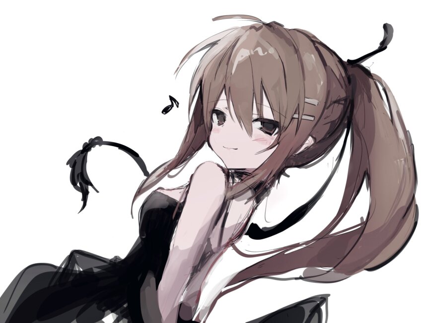 1girl ahoge arms_behind_back black_choker black_dress brown_eyes brown_hair choker closed_mouth double-parted_bangs dress eighth_note from_side hair_between_eyes hair_ornament hairpin high_ponytail highres light_blush long_hair looking_at_viewer minakami_yuki musical_note ponytail sidelocks simple_background sleeveless sleeveless_dress smile solo subarashiki_hibi tsurayowata tsurime upper_body very_long_hair white_background