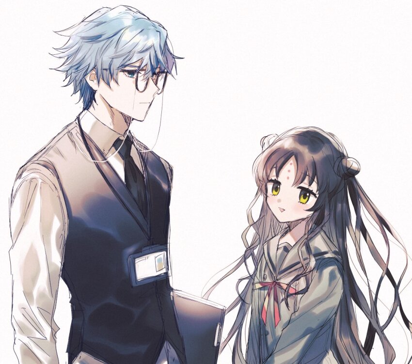 1boy 1girl black_hair black_necktie black_shirt black_vest blue_eyes blue_hair closed_mouth collared_shirt commentary double_bun eyewear_strap facial_mark fate/grand_order fate_(series) forehead_mark glasses hair_bun hans_christian_andersen_(adult)_(fate) hans_christian_andersen_(fate) id_card lanyard long_hair long_sleeves looking_afar looking_at_viewer necktie open_mouth parted_bangs red_ribbon ribbon sailor_collar sessyoin_kiara sessyoin_kiara_(lily) shirt short_hair sidelocks simple_background smile upper_body very_long_hair vest wani_(mezo) white_background white_shirt yellow_eyes