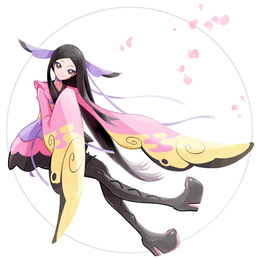 1girl black_eyes black_hair black_shoes choker closed_mouth collarbone creatures_(company) eyelashes eyeshadow falling_petals ffccll frilled_thigh_strap full_body game_freak hair_ornament high_heels highres japanese_clothes kimono long_hair looking_at_viewer makeup nintendo pantyhose parted_bangs petals pink_kimono pokemon pokemon_xy purple_choker purple_eyeshadow purple_ribbon ribbon shoes sidelocks smile solo thigh_strap valerie_(pokemon) white_background wide_sleeves