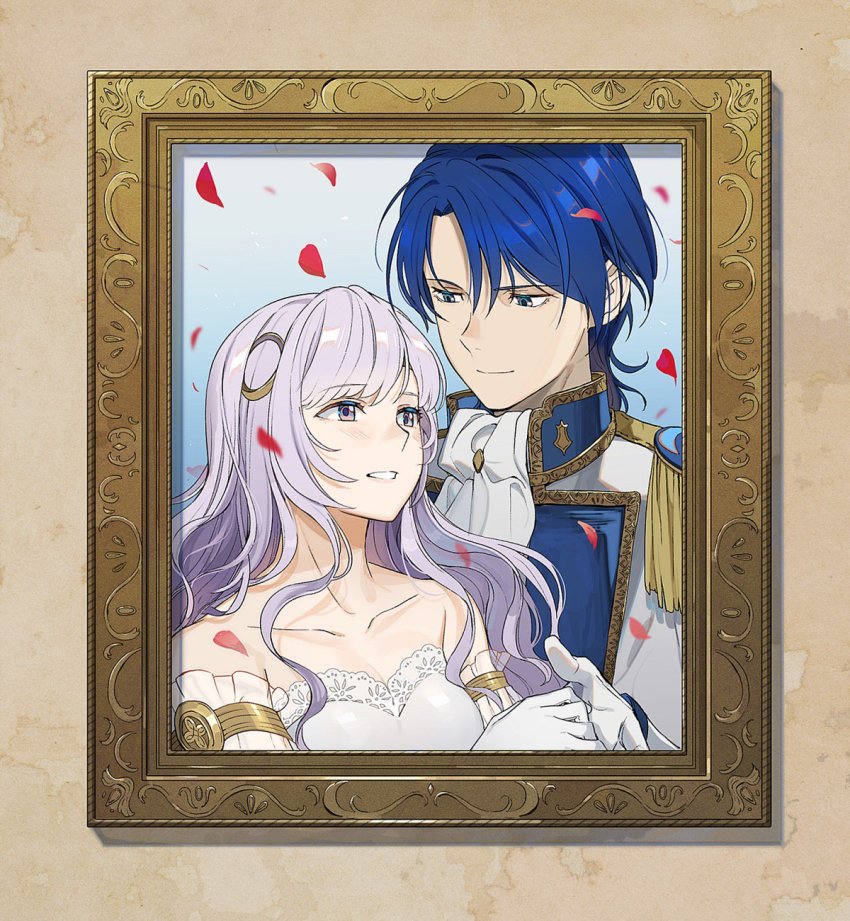 1boy 1girl blue_eyes blue_hair closed_mouth deirdre_(fire_emblem) dress fire_emblem fire_emblem:_genealogy_of_the_holy_war gloves hair_ornament highres husband_and_wife kyufe long_hair nintendo parted_lips petals photo_(object) picture_frame purple_eyes purple_hair short_hair sigurd_(fire_emblem) smile upper_body wedding_dress wedding_suit white_gloves