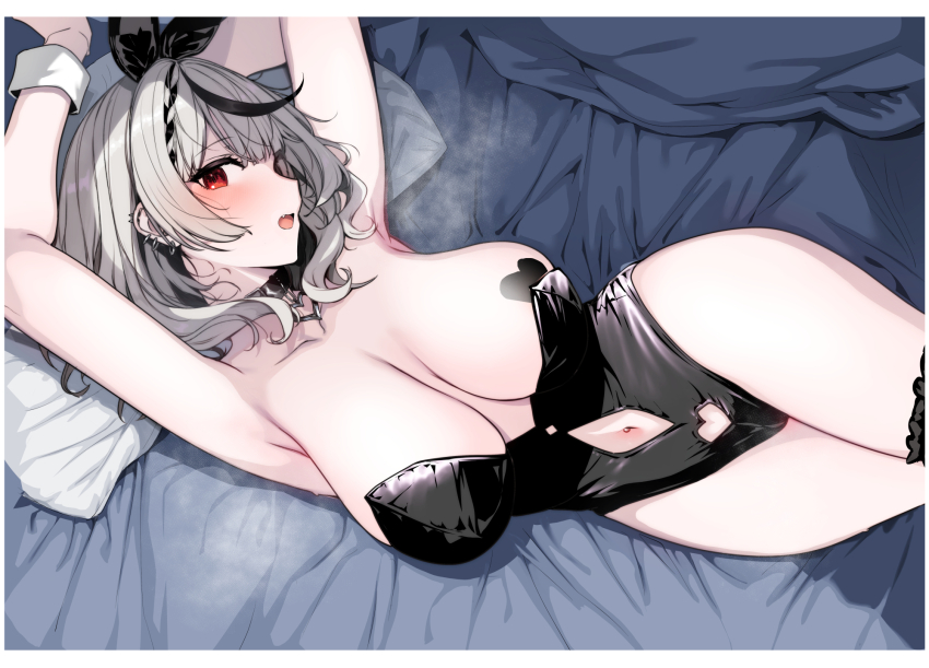 1girl animal_ears armpits arms_up bare_shoulders black_hair black_leotard blush breasts choker cleavage clothing_cutout collarbone earrings fake_animal_ears grey_hair heart_pasties highleg highleg_leotard highres hololive jewelry katsurai_yoshiaki large_breasts leotard looking_at_viewer lying multicolored_hair navel navel_cutout on_back open_mouth pasties pillow playboy_bunny rabbit_ears red_eyes sakamata_chloe short_hair solo streaked_hair thighs virtual_youtuber wrist_cuffs