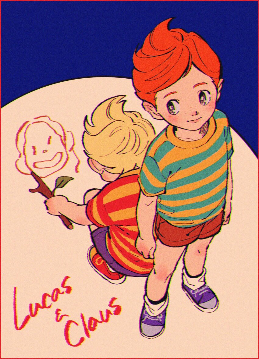 2boys blonde_hair blue_shorts border brothers brown_shorts character_name claus_(mother_3) closed_mouth freckles highres holding holding_stick kwsby_124 lucas_(mother_3) male_focus mother_(series) mother_3 multiple_boys nintendo orange_hair red_border shirt shoes short_sleeves shorts siblings simple_background sneakers socks squatting standing stick striped_clothes striped_shirt two-tone_background