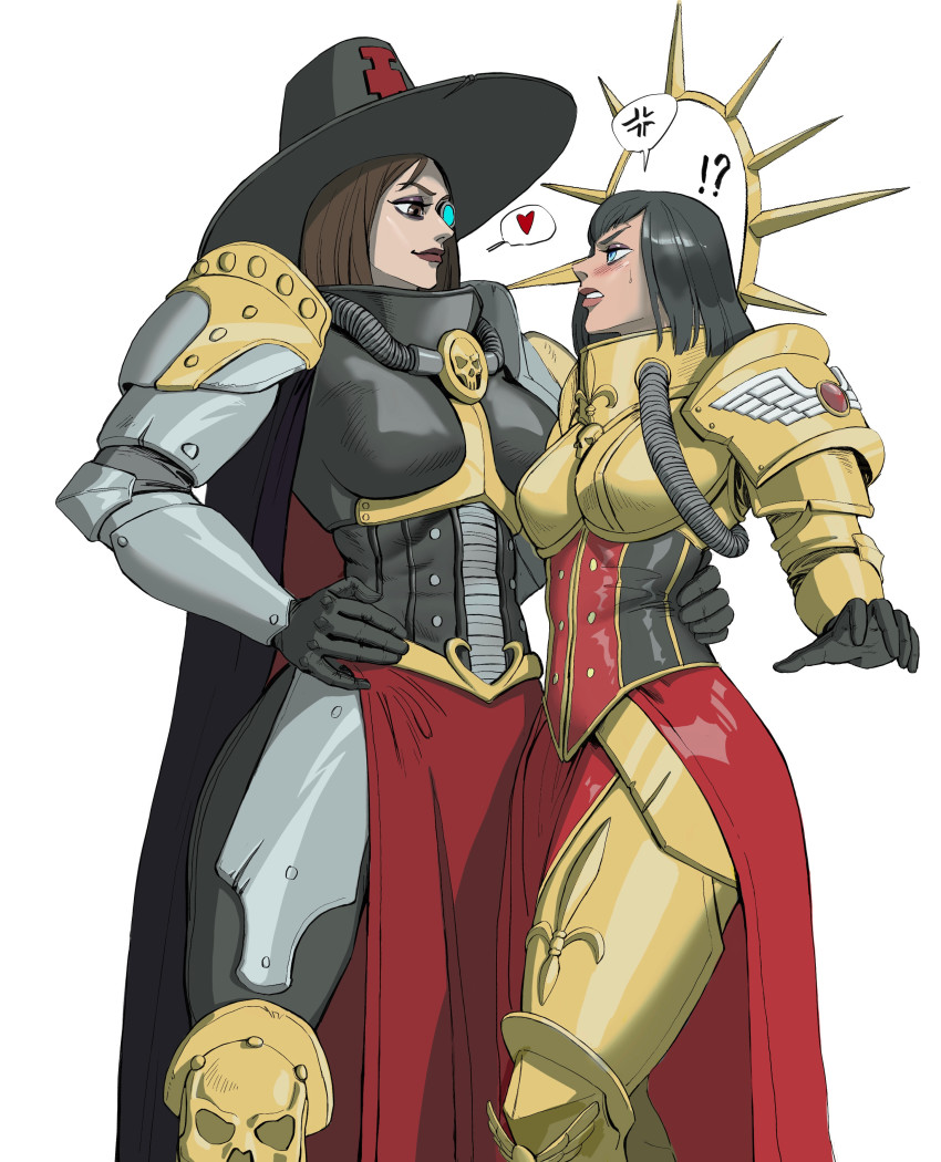 !? 2girls absurdres anger_vein arm_around_waist armor black_gloves black_hair blue_eyes breasts brown_eyes brown_hair brown_lips gloves hand_on_own_hip hat heart highres inquisition_(warhammer) inquisitor_katarinya_greyfax jingyifu24 large_breasts living_saint monocle multiple_girls red_skirt saint_celestine skirt spoken_anger_vein spoken_heart sweatdrop warhammer_40k white_background yuri