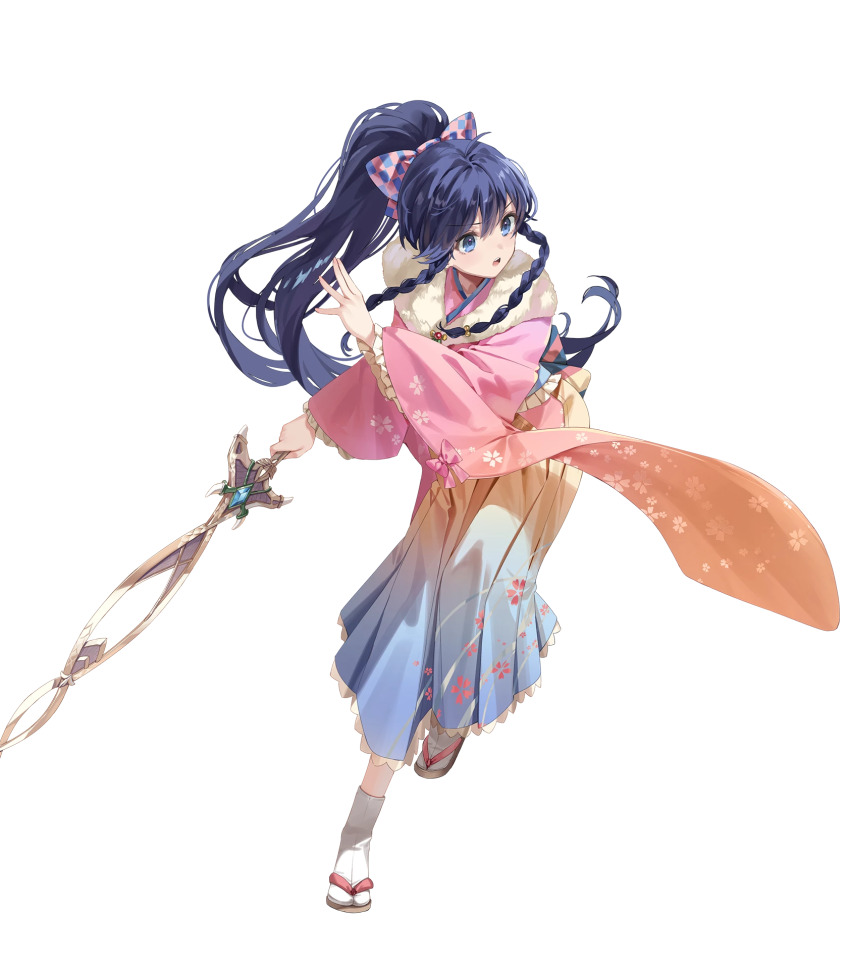 1girl attack black_hair blue_kimono braid braided_sidelock checkered_ribbon fire_emblem fire_emblem:_the_sacred_stones gradient_clothes gradient_kimono hair_ribbon highres holding holding_sword holding_weapon japanese_clothes kimono long_hair nintendo non-web_source official_alternate_costume official_art parted_lips pink_kimono ponytail ribbon sandals solo sword tabi tana_(fire_emblem) tana_(new_year)_(fire_emblem) v-shaped_eyebrows very_long_hair weapon