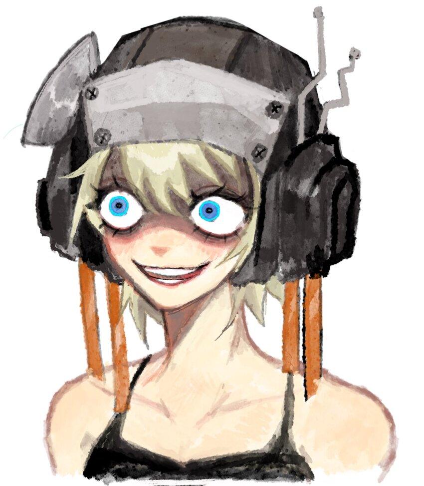 1girl bare_shoulders black_tank_top blonde_hair blue_eyes c&#039;venash_vishneri helmet highres nonsensemanna open_mouth psychopomp_(game) radio_antenna short_hair smile solo tank_top teeth white_background wide-eyed