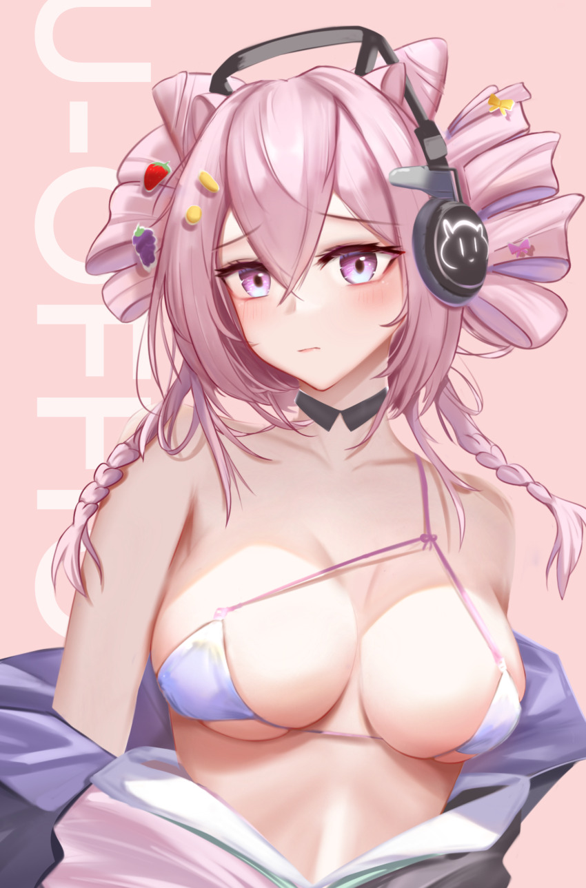 1girl absurdres animal_ears arknights bare_shoulders bikini black_jacket blush braid breasts character_name closed_mouth drill_hair g11_and_bang hair_between_eyes hair_ornament headphones highres implied_extra_ears jacket looking_at_viewer micro_bikini off_shoulder open_clothes open_jacket pink_eyes pink_hair solo swimsuit twin_braids twin_drills u-official_(arknights) upper_body white_bikini