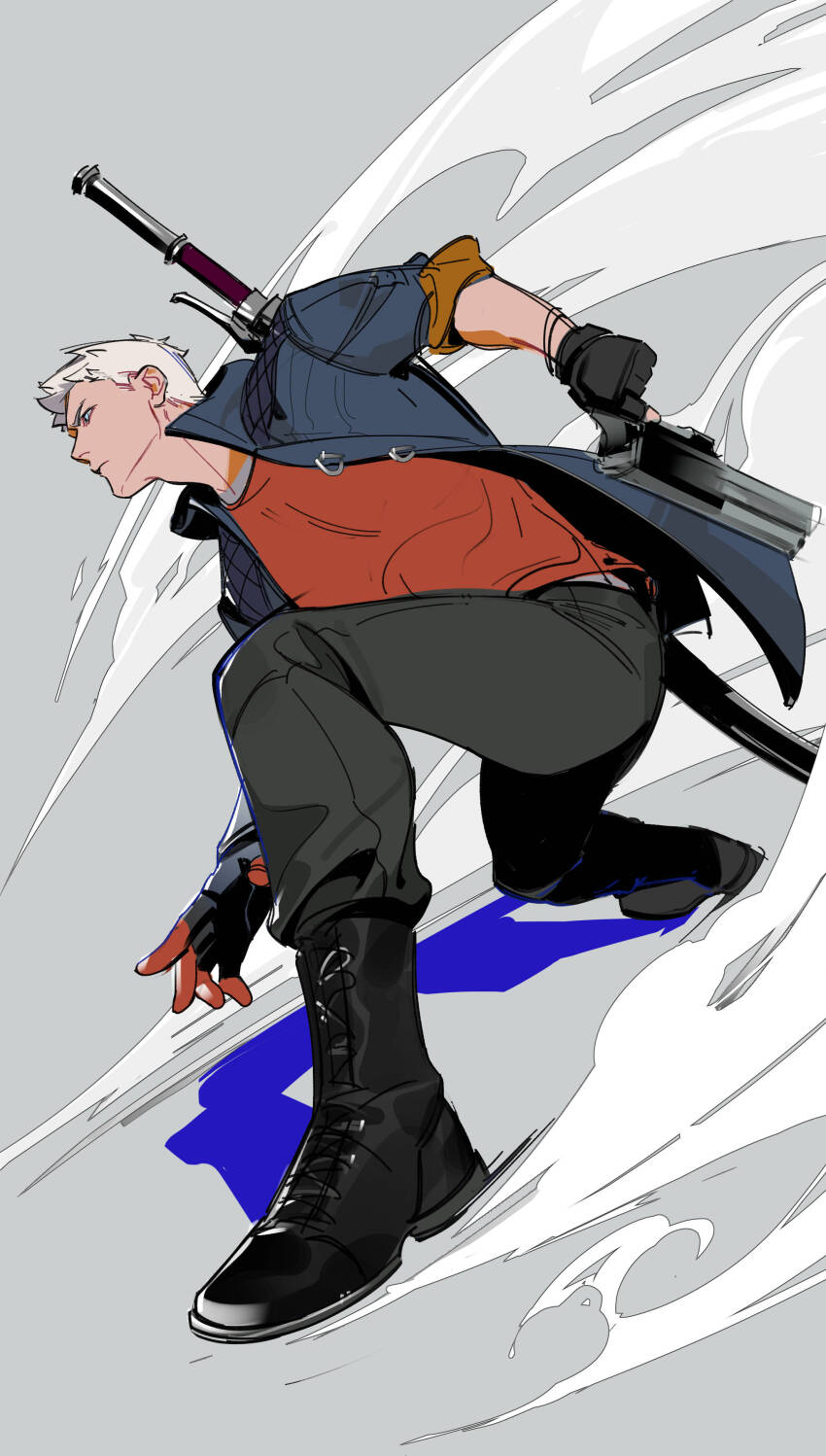 1boy absurdres black_footwear black_gloves blue_jacket boots closed_mouth devil_may_cry_(series) devil_may_cry_5 dust full_body furrowed_brow gloves grey_background grey_pants gun handgun highres holding holding_gun holding_weapon jacket male_focus nero_(devil_may_cry) on_one_knee outstretched_hand pants red_shirt shirt short_hair sketch sleeves_rolled_up solo warsong_zhange weapon weapon_on_back white_hair