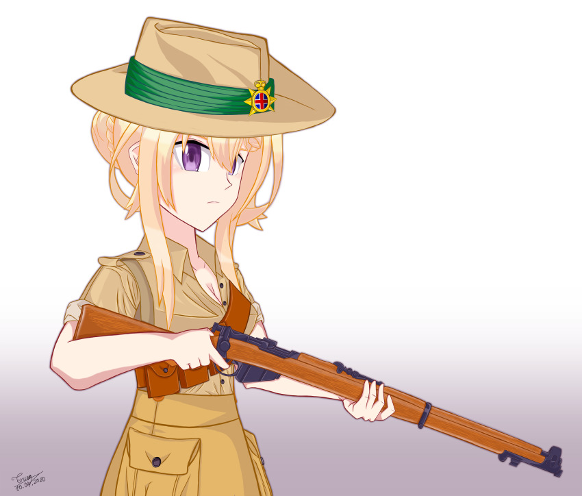 absurdres anzac artist_name australia belt bolt_action breasts gun hat highres kantai_collection lee-enfield military military_hat military_uniform perth_(kancolle) rifle self-upload signature simple_background solo weapon world_war_ii