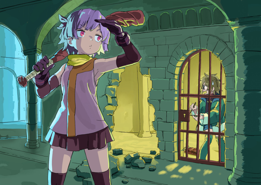 1boy 1girl breasts elbow_gloves glasses gloves highres holding holding_weapon indoors lockpick looking_afar miniskirt original over_shoulder pink_eyes pink_hair prison rose_(vanillaklein) short_hair skirt small_breasts sweatdrop thighhighs vanilla_(vanillaklein) vanillaklein weapon weapon_over_shoulder