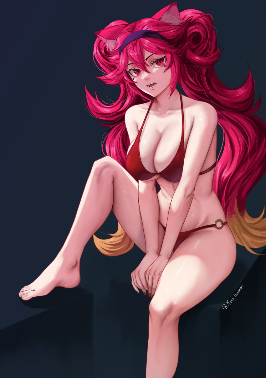 1girl animal_ears artist_name between_legs bikini blue_background breasts cleavage collarbone eyebrows eyelashes facial_mark female_focus foot_out_of_frame hairband hand_between_legs highres indie_virtual_youtuber knee_up large_breasts lion_ears lion_girl long_hair looking_at_viewer lunaria_ayaren mana_(manasenshou) multicolored_hair nail_polish o-ring o-ring_bikini open_mouth orange_hair purple_hairband red_bikini red_eyes red_hair simple_background sitting slit_pupils solo swimsuit teeth toenail_polish toenails toes tongue twintails two-tone_hair virtual_youtuber