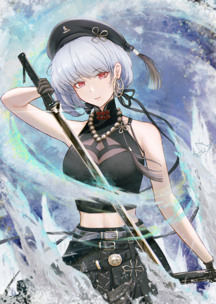 1girl artist_logo bare_shoulders belt beret black_belt black_gloves black_hat black_ribbon black_shirt black_skirt breasts cleavage commentary cowboy_shot earrings english_commentary gloves grey_belt hair_ribbon hat high-waist_skirt highres holding holding_sword holding_weapon hoop_earrings jewelry large_breasts logo long_ribbon looking_at_viewer midriff mole mole_under_eye multiple_belts parted_lips red_eyes ribbon riq_semak sanhua_(wuthering_waves) see-through_cleavage see-through_clothes shirt skirt smile solo sword unsheathed weapon white_hair wuthering_waves