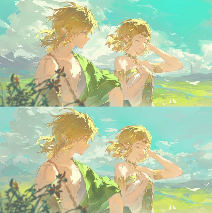 arm_up armlet bare_shoulders bird blue_eyes blue_sky blurry blurry_foreground bolooofan closed_eyes closed_mouth cloud dress grass green_robe hand_on_own_chest highres jewelry link looking_at_another necklace nintendo open_mouth outdoors pointy_ears princess_zelda robe scenery short_hair sky sleeveless sleeveless_dress strapless strapless_dress the_legend_of_zelda tiara white_dress