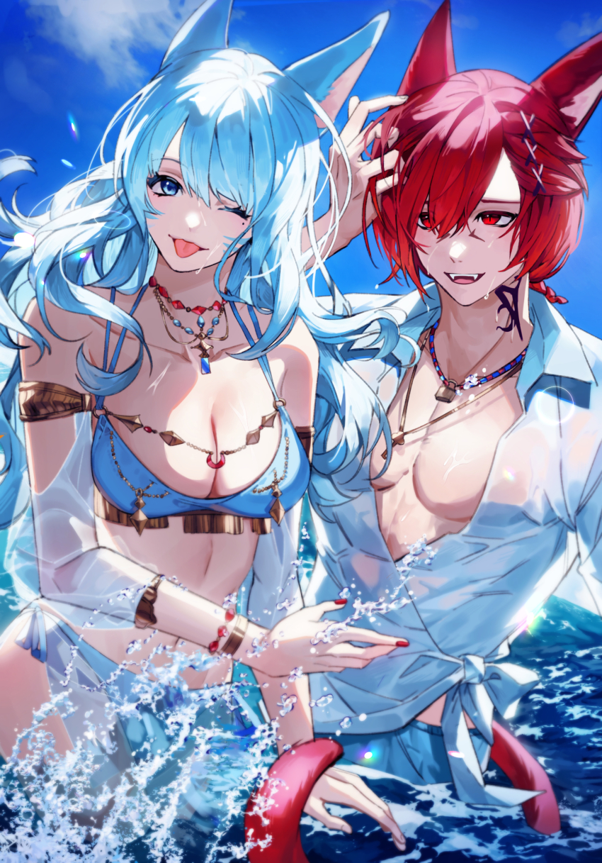 1boy 1girl absurdres animal_ears archon_mark armlet bamen_ff14 bikini blue_bikini blue_eyes blue_sky bracelet breasts cat_boy cat_ears cat_girl cat_tail cleavage couple facial_mark fang fangs final_fantasy final_fantasy_xiv g&#039;raha_tia hair_ornament hetero highres in_water jewelry male_swimwear medium_breasts miqo&#039;te nail_polish neck_tattoo necklace ocean outdoors pectoral_cleavage pectorals red_eyes red_hair sarong see-through_clothes see-through_sarong see-through_shirt see-through_sleeves shirt sky swim_trunks swimsuit tail tattoo tongue tongue_out warrior_of_light_(ff14) waves whisker_markings white_hair