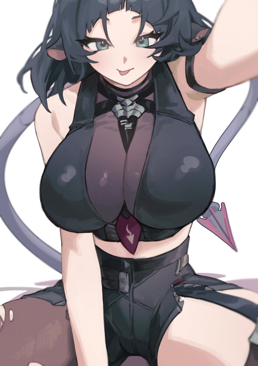 1girl :p absurdres animal_ears black_hair black_shorts blunt_bangs breasts brown_pantyhose cowboy_shot green_eyes heart heart-shaped_pupils highres jane_doe_(zenless_zone_zero) large_breasts looking_at_viewer mouse_ears mouse_girl mouse_tail nats_(d0ughnats) official_alternate_costume pantyhose shorts sidelocks simple_background single_leg_pantyhose smile solo symbol-shaped_pupils tail tongue tongue_out torn_clothes torn_pantyhose white_background zenless_zone_zero