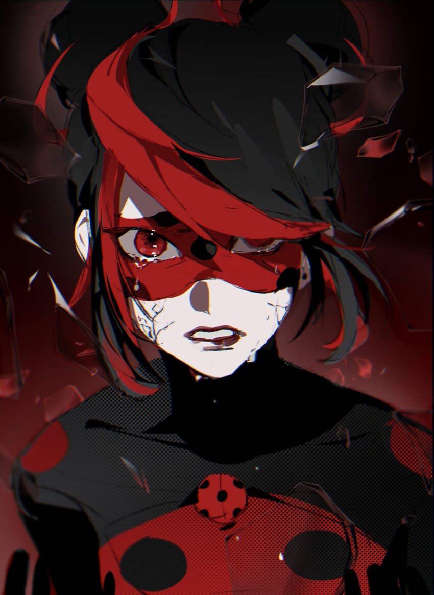 1girl black_hair bodysuit breaking chromatic_aberration crying crying_with_eyes_open ddun_ddara double_bun glass hair_bun highres looking_at_viewer marinette_dupain-cheng mask miraculous_ladybug polka_dot red_bodysuit red_eyes red_mask shadybug solo superhero_costume tears