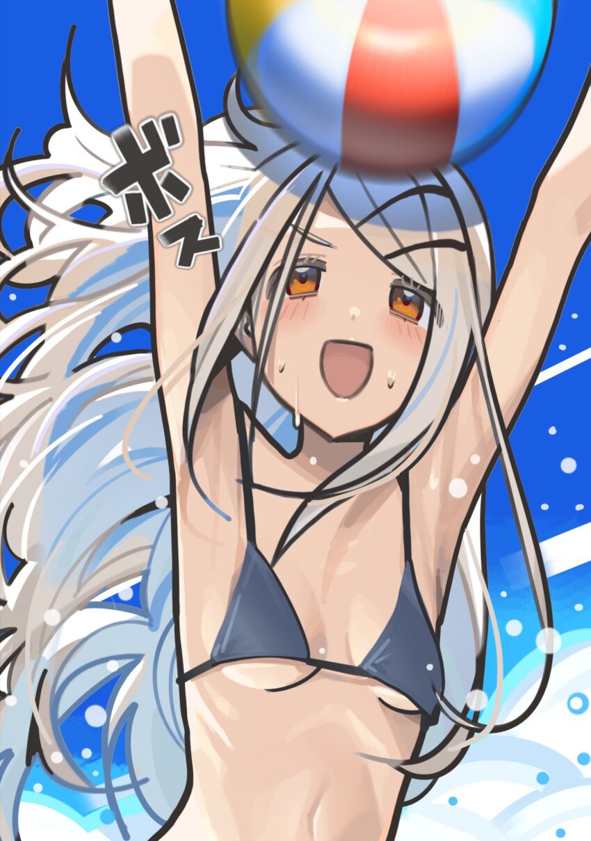 1girl arms_up ashinowoto ball bare_arms bare_shoulders beachball black_bra bra breasts breasts_apart floating_hair gakuen_idolmaster grey_hair highres idolmaster long_hair looking_up navel open_mouth orange_eyes outdoors ribs shinosawa_hiro small_breasts smile solo underwear upper_body water wet