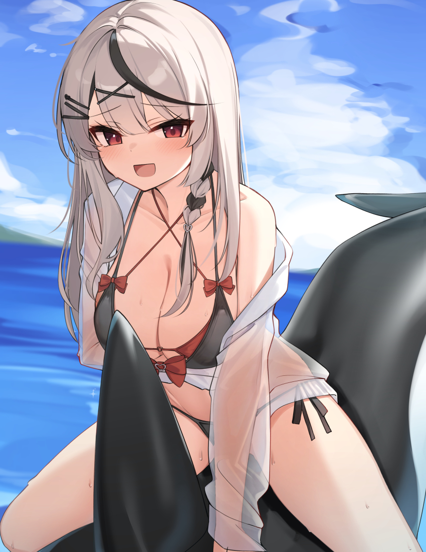 1girl absurdres bikini black_bikini black_hair blush braid breasts grey_hair highres hololive large_breasts long_hair looking_at_viewer multicolored_hair ocean off_shoulder open_clothes open_mouth open_shirt orca outdoors red_eyes sakamata_chloe see-through_clothes shirt single_braid smile solo spread_legs streaked_hair swimsuit virtual_youtuber wet wet_clothes wet_shirt ziro_(zirorong)