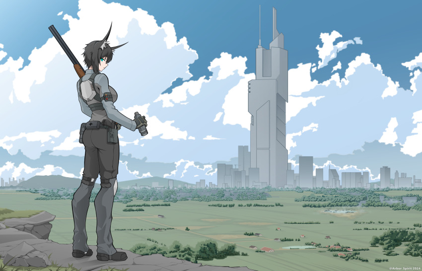 1girl absurdres animal_ears arbor_spirit artist_name binoculars black_hair breasts building city cloud double-barreled_shotgun field fox_ears full_body green_eyes gun handgun highres holding holding_binoculars holding_gun holding_weapon holster large_breasts long_sleeves looking_back original shotgun sky standing tactical_clothes toz-34 weapon