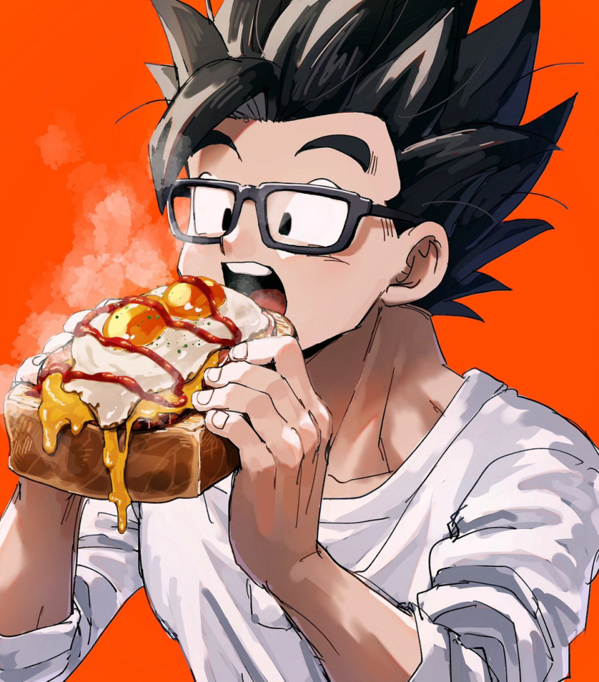 1boy black-framed_eyewear black_eyes black_hair bread bread_slice cheese commentary_request dragon_ball dragon_ball_super dragon_ball_super_super_hero egg_(food) food fried_egg fried_egg_on_toast glasses highres holding holding_food ketchup kometubu0712 looking_at_food looking_down male_focus muscular muscular_male open_mouth orange_background shirt short_hair sleeves_rolled_up solo son_gohan spiked_hair steam toast white_shirt