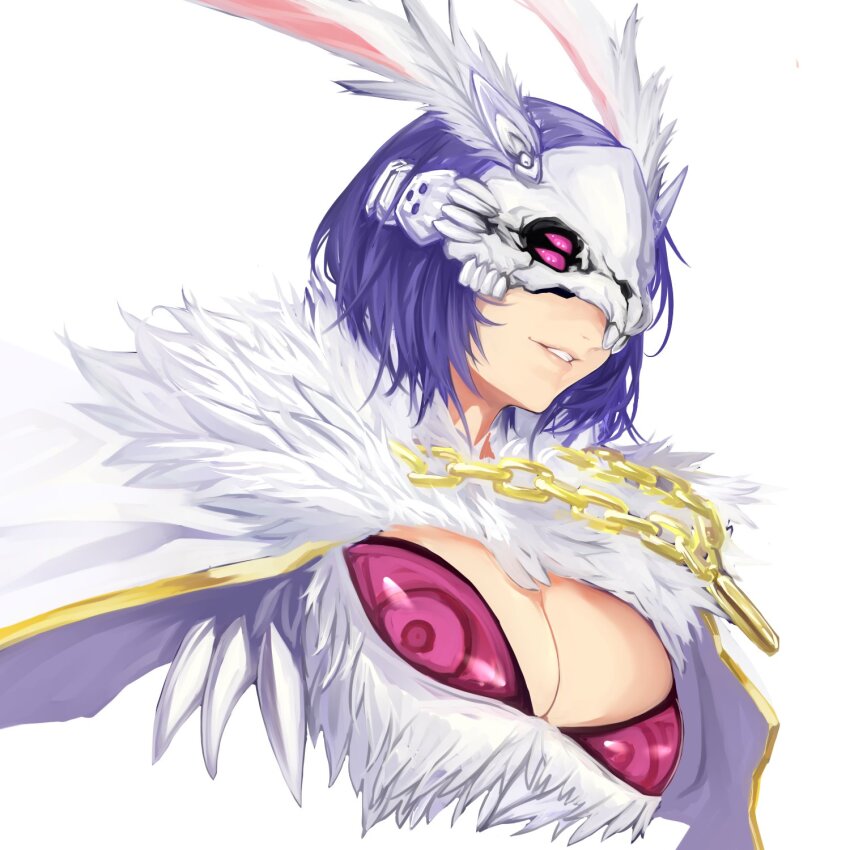 1girl apiro_lagos_(mon-musu_quest!) breasts chain chain_necklace cleavage colored_sclera commentary_request cropped_torso fur_collar gold_chain grin highres jewelry large_breasts looking_afar masked mon-musu_quest! mon-musu_quest:_paradox necklace nuppehofu_(nibuta) pink_sclera purple_hair short_hair simple_background smile solo white_background white_rabbit_(mon-musu_quest!)