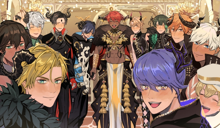 6+boys :d ^_^ abs aqua_hair asmodeus_(obey_me!) asymmetrical_bangs asymmetrical_sidelocks background_request baggy_clothes baggy_pants barbatos_(obey_me!) bare_shoulders beelzebub_(obey_me!) belphegor_(obey_me!) belt_buckle beret black_choker black_coat black_hair black_hoodie blonde_hair blue_eyes blue_hair blush brown_hair buckle chain check_clothing choker closed_eyes clothing_cutout clothing_request coat collared_shirt curled_horns curtained_hair dark-skinned_male dark_skin demon_horns demon_wings detached_collar diavolo_(obey_me!) double-parted_bangs dress_pants everyone feather_boa fur_shawl gem gloves gold_chain gold_trim green_eyes grin groin group_picture hair_between_eyes hair_over_one_eye hat head_wings highres holding_hands hood hoodie horn_ornament horns horseshoe_ornament icchii_(07290424) indoors jacket jewelry leather leather_jacket leviathan_(obey_me!) light_smile looking_at_viewer loose_necktie lucifer_(obey_me!) luke_(obey_me!) male_focus mammon_(obey_me!) multicolored_coat multicolored_hair multicolored_horns multiple_boys necktie nose_blush obey_me!:_one_master_to_rule_them_all! open_mouth orange_hair pants parted_bangs popped_collar purple_eyes raised_eyebrows red_gemstone red_gloves red_hair ring satan_(obey_me!) shawl shirt short_hair simeon_(obey_me!) single_sidelock sleeveless sleeveless_shirt sleeveless_turtleneck sleeves_past_wrists smile solomon_(obey_me!) streaked_hair sweatdrop swept_bangs tassel turtleneck two-tone_coat two-tone_hair two-tone_horns v-shaped_eyebrows wavy_hair white_hair wings yellow_eyes