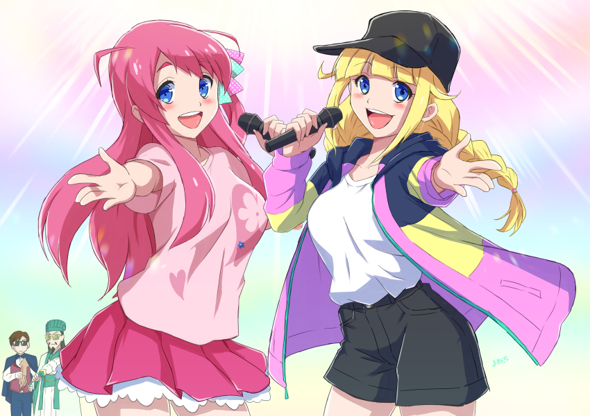 2boys 2girls :d absurdres animal baseball_cap black_footwear blonde_hair blue_eyes blunt_bangs braid chinese_clothes crossover hair_flaps hat highres holding holding_animal holding_microphone hondo_kaede hood hooded_jacket jacket looking_at_viewer low_twin_braids microphone minamoto_sakura multiple_boys multiple_girls music open_mouth paripi_koumei pink_hair pink_shirt pink_skirt shirt singing skirt smile squid tatsumi_koutarou teeth trait_connection tsukimi_eiko twin_braids upper_teeth_only voice_actor_connection white_shirt yonecchi zhuge_kongming_(paripi_koumei) zombie_land_saga