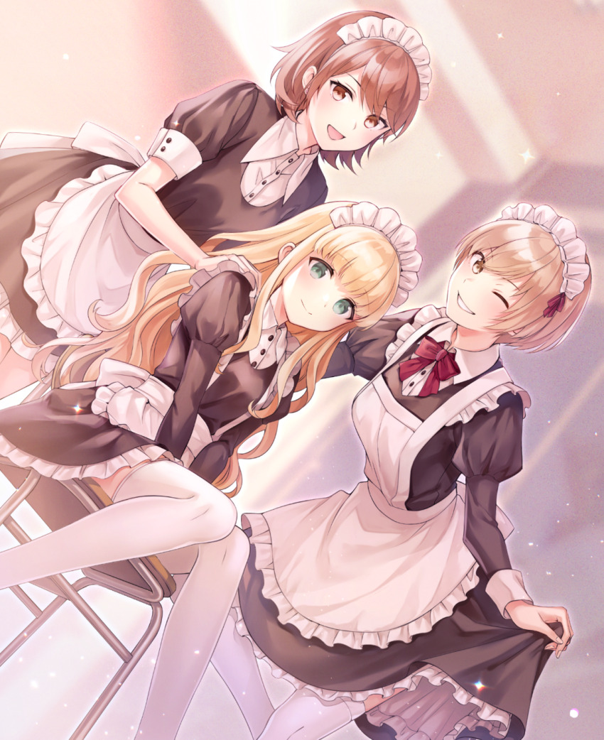 3girls :d apron aqua_eyes black_dress brown_eyes brown_hair collared_shirt dress e_(eokiba) grin highres juliet_sleeves light_brown_hair long_hair long_sleeves multiple_girls one_eye_closed open_mouth persona persona_3 persona_4 persona_q:_shadow_of_the_labyrinth persona_q_(series) puffy_short_sleeves puffy_sleeves rei_(persona_q) satonaka_chie shirt short_hair short_sleeves sidelocks smile takeba_yukari thighhighs waist_apron wavy_hair white_thighhighs