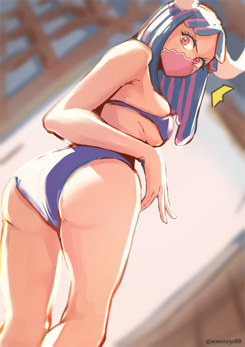 1girl ^^^ alternate_costume aosora2823 ass bikini blue_bikini blue_hair blurry blurry_background blush breasts commentary covering_own_mouth eyelashes from_behind from_below glaring highres horns large_breasts long_hair looking_at_viewer looking_back mask mouth_mask multicolored_hair one_piece parted_bangs pink_eyes pink_hair pink_mask solo standing swimsuit twitter_username two-tone_hair ulti_(one_piece) v-shaped_eyebrows