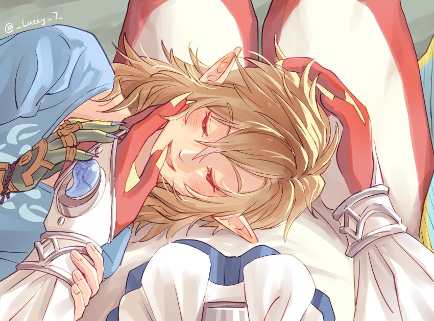 2boys artist_name blonde_hair blue_shirt champion&#039;s_tunic_(zelda) closed_eyes colored_skin commentary english_commentary fish_boy hand_on_another&#039;s_head highres implied_yaoi lap_pillow link multiple_boys na_nako nintendo pointy_ears pov red_skin shirt sidon the_legend_of_zelda the_legend_of_zelda:_tears_of_the_kingdom