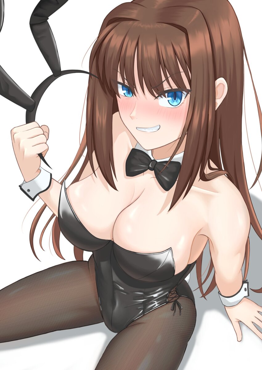 1girl animal_ear_hairband animal_ears aozaki_aoko bare_shoulders black_bow black_bowtie black_hairband black_leotard blue_eyes blush bow bowtie breasts brown_hair bunny_day cleavage collarbone commentary_request detached_collar fake_animal_ears fishnet_pantyhose fishnets from_above hair_intakes hairband highres large_breasts leotard long_hair mahou_tsukai_no_yoru pantyhose playboy_bunny rabbit_ears sitting smile solo strapless strapless_leotard teeth v-shaped_eyebrows yowatari_party