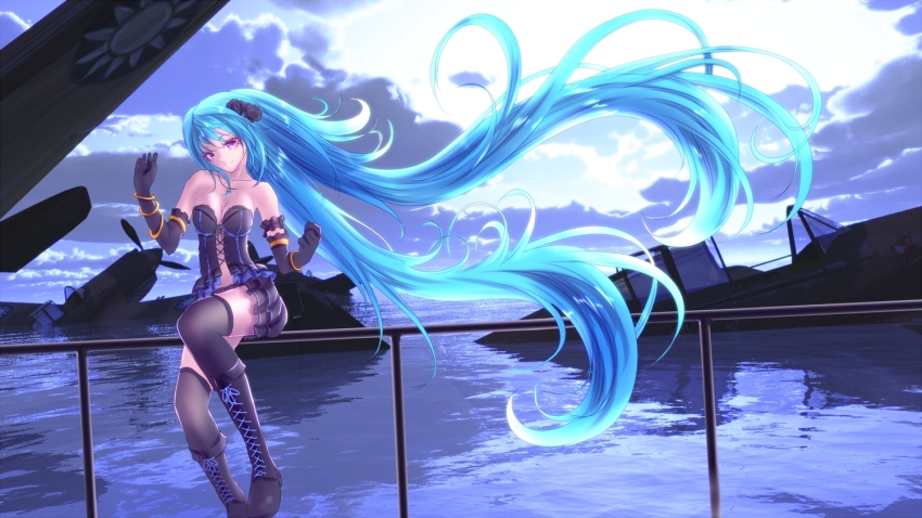 1girl aircraft blue_hair boots breasts cleavage cloud elbow_gloves female_focus gloves hatsune_miku long_hair purple_eyes ruins skirt solo thighhighs twintails vocaloid water yusuke