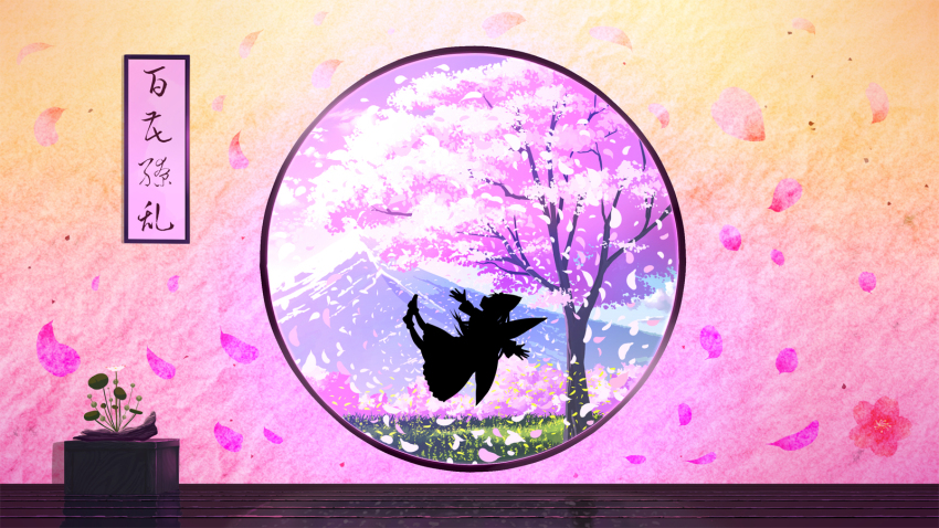 1girl cherry_blossoms colorful day dress endlesscat falling_petals floating full_body highres lily_white mountain outstretched_arms petals pink_sky plant scenery silhouette sky solo spread_arms spring_(season) touhou tree wide_shot window