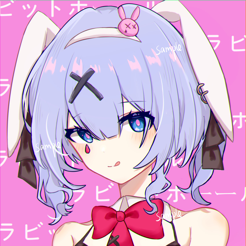 1girl :q absurdres animal_ears bare_shoulders black_ribbon blue_eyes blush bow bowtie chinese_commentary chromatic_aberration closed_mouth commentary_request eyes_visible_through_hair fake_animal_ears hair_between_eyes hair_ornament hair_ribbon hairband hatsune_miku highres looking_at_viewer pink_background pink_bow pink_bowtie pink_pupils portrait purple_hair rabbit_hole_(vocaloid) ribbon sample_watermark short_hair simple_background solo split_mouth tartaliwansui teardrop_facial_mark tongue tongue_out translation_request vocaloid watermark white_hairband x_hair_ornament