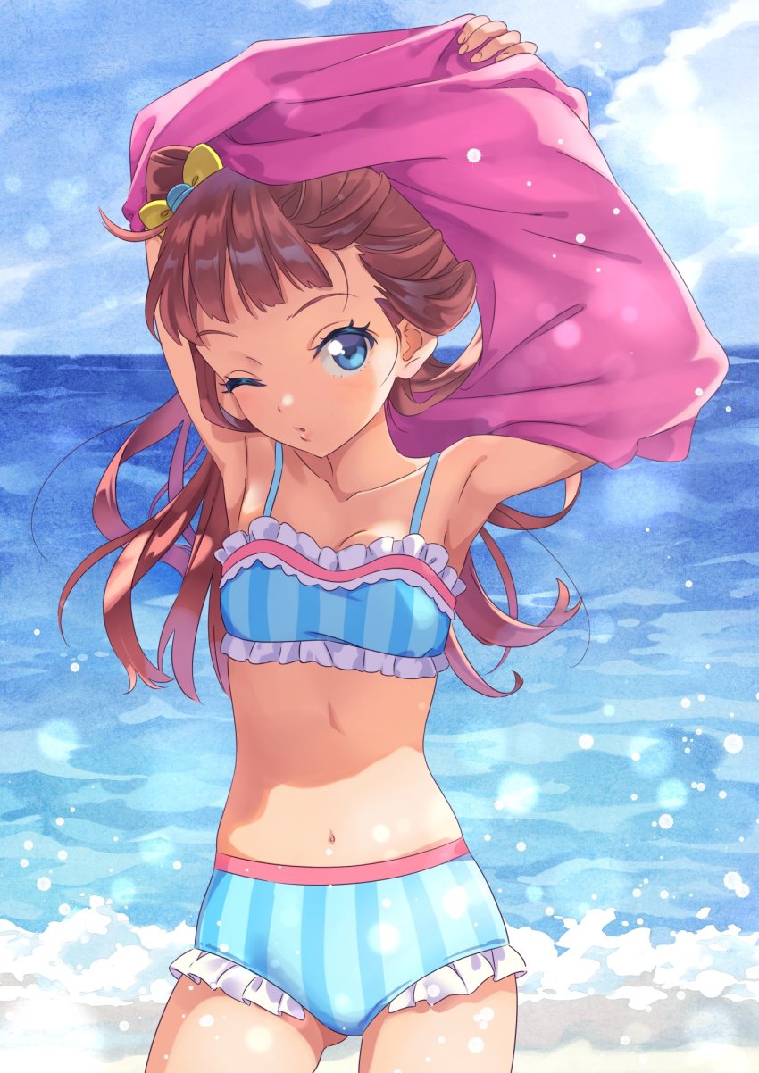 1girl aikatsu!_(series) aikatsu_stars! beach bikini blue_bikini blue_eyes blue_sky breasts brown_hair clothes_lift cloud cloudy_sky commentary day frilled_bikini frills highres horizon katoh_akatsuki lifting_own_clothes long_hair looking_at_viewer navel ocean one_eye_closed outdoors parted_lips saotome_ako shirt_lift sky small_breasts striped_bikini striped_clothes swimsuit undressing vertical-striped_bikini vertical-striped_clothes