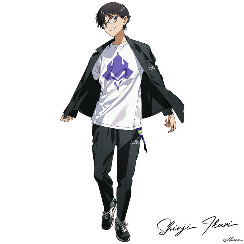 1boy absurdres black_hair fashion glasses highres ikari_shinji jacket male_focus neon_genesis_evangelion open_clothes open_jacket pants rebuild_of_evangelion shirt shoes short_hair simple_background sneakers solo watch white_shirt yoneyama_mai