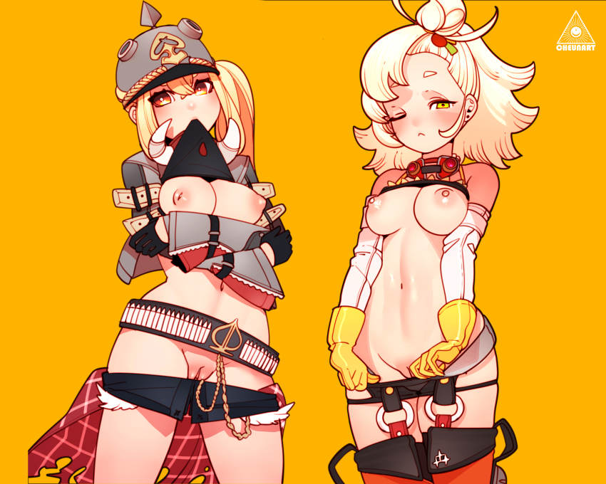 2girls absurdres artist_name belt black_belt black_gloves black_shorts blonde_hair breasts cheunchin closed_mouth clothes_pull crossed_arms gloves goggles goggles_around_neck green_eyes grey_helmet hair_between_eyes helmet highres lifting_own_clothes long_hair long_sleeves looking_at_viewer luciana_de_montefio medium_breasts mouth_hold multiple_girls navel nipples one_eye_closed pickelhaube piper_wheel pussy red_eyes shorts shorts_pull simple_background stomach uncensored yellow_background yellow_gloves zenless_zone_zero